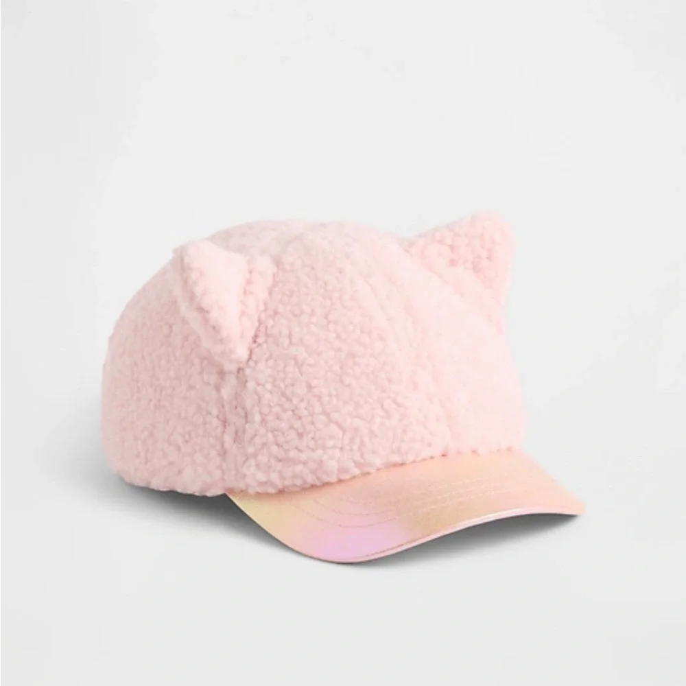 Pink Sherpa Cat Ear Cap with Iridescent Brim